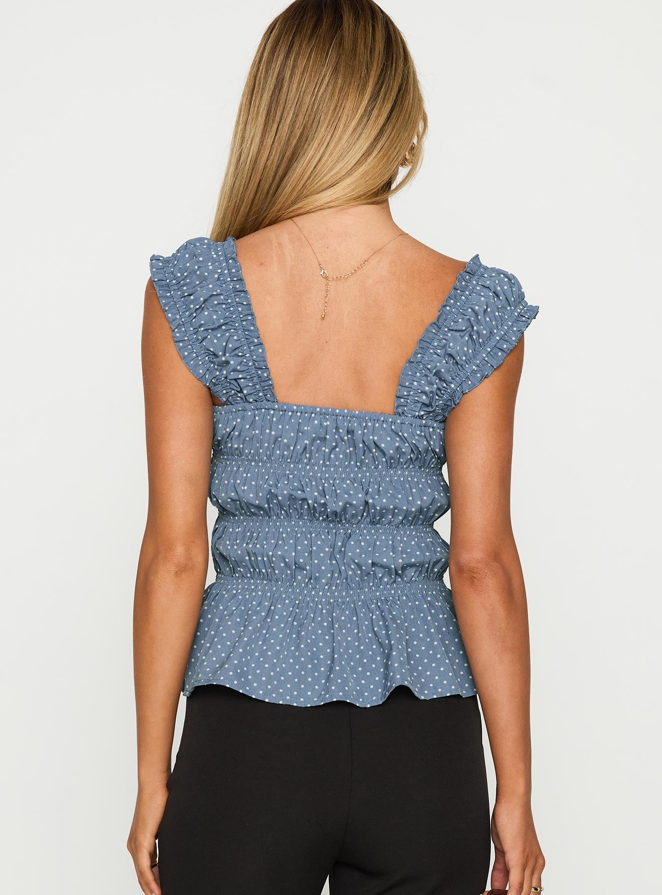 back view of model wearing Princess Polly Scouts Honour Shirred Top Blue / White Short Sleeves Square Neck 