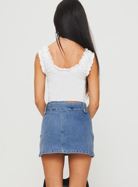 back view of model wearing Princess Polly Domino Mini Skirt Mid Blue Denim Mini Skirts 