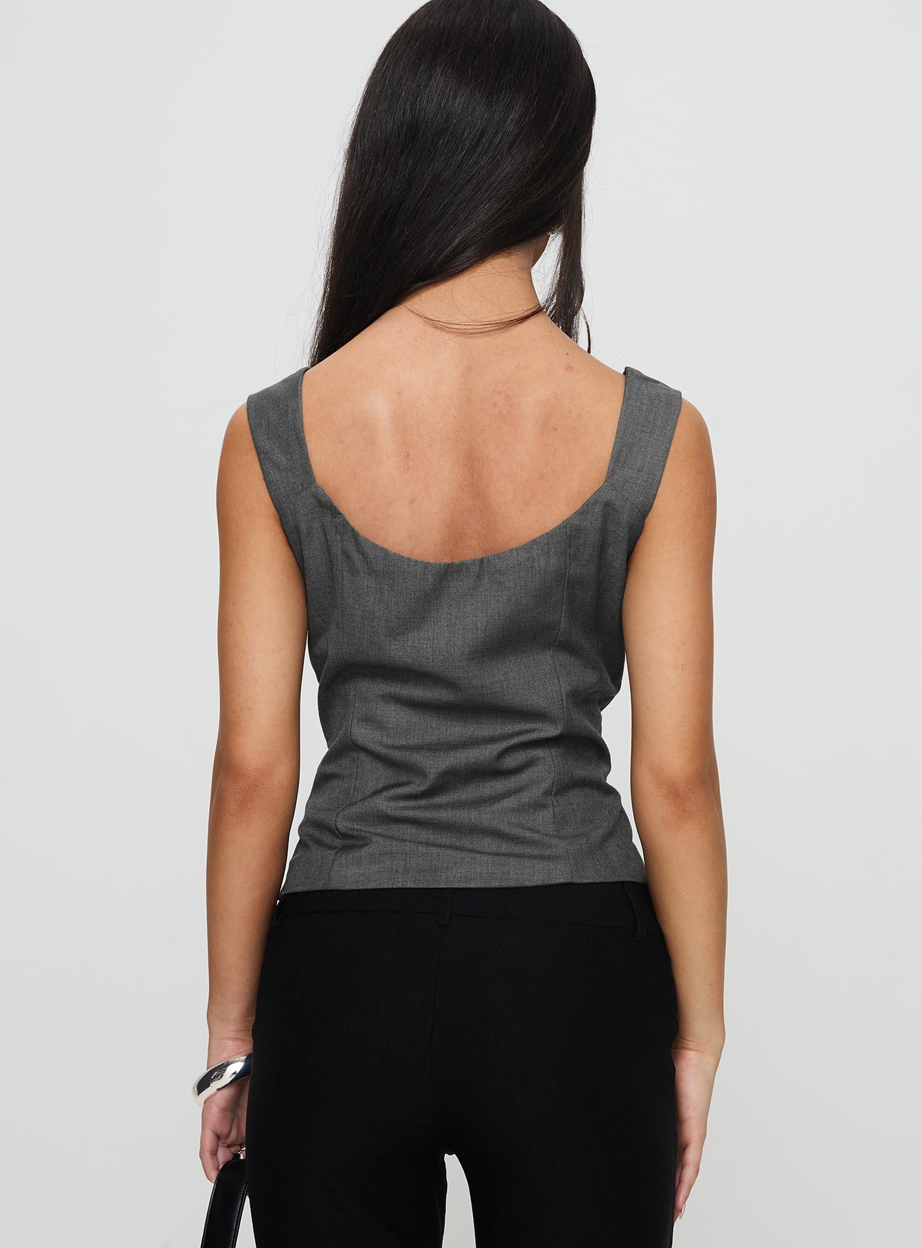 back view of model wearing Princess Polly Desni Top Grey Sleeveless Scoop Neck 