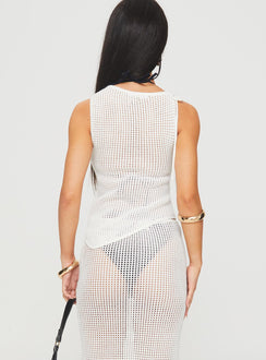 back view of model wearing Princess Polly Auralia Asymmetric Knit Top White Sleeveless Crew Neck 