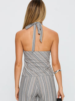 back view of model wearing Princess Polly Lunelle Halter Top Multi Stripe Sleeveless Plunger 
