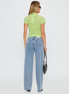 back view of model wearing Princess Polly Darla Low Rise Straight Jean Vintage Blue Wash Low Rise Jeans 