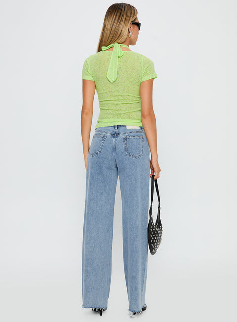 back view of model wearing Princess Polly Darla Low Rise Straight Jean Vintage Blue Wash Low Rise Jeans 