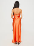 back view of model wearing Princess Polly Citrus Kiss Strapless Maxi Dress Orange Straight Neck 