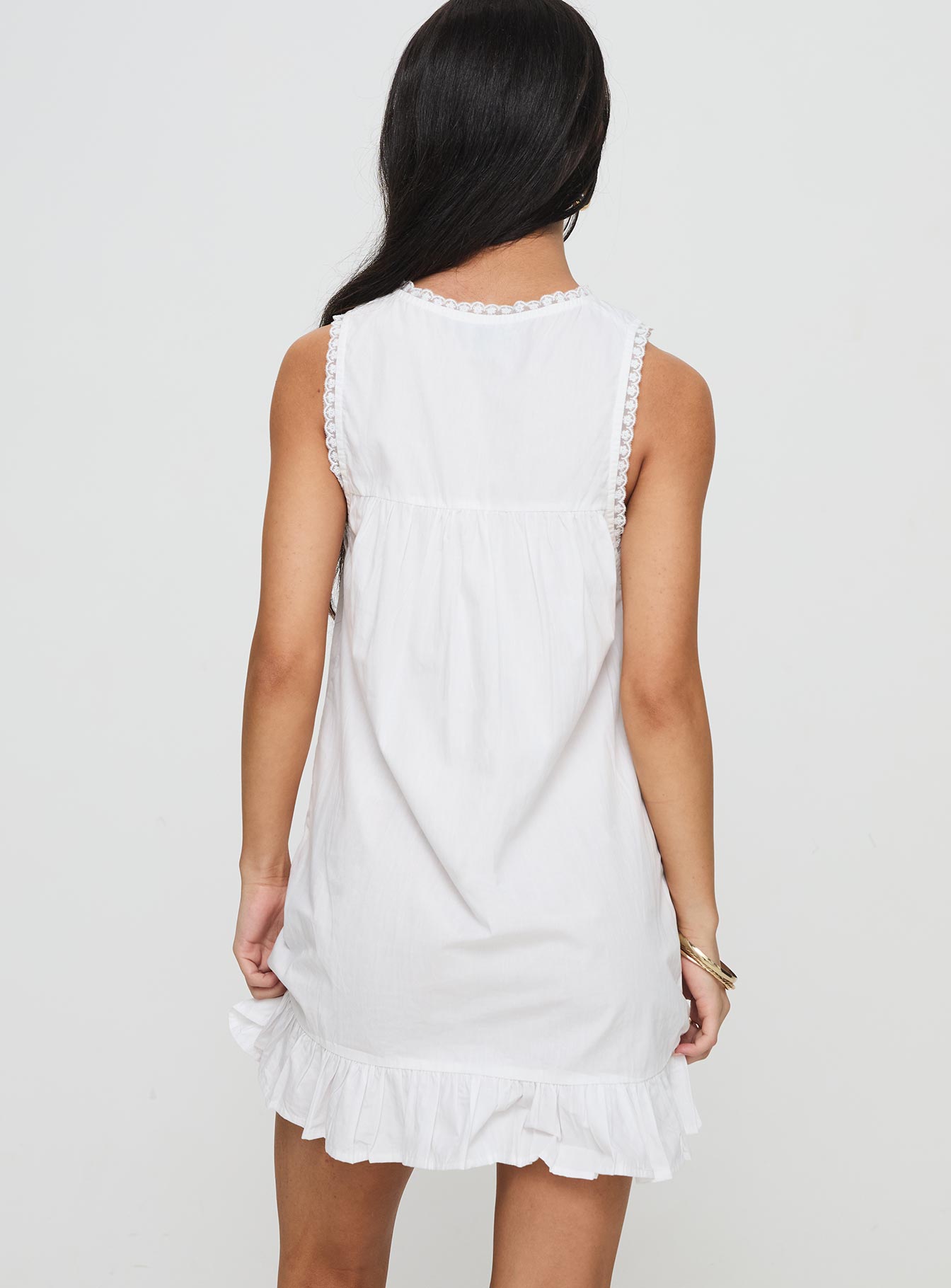 back view of model wearing Princess Polly Lalita Mini Dress White Crew Neck 
