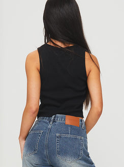 back view of model wearing Princess Polly Jadore Paris Tank Black Sleeveless Crew Neck 