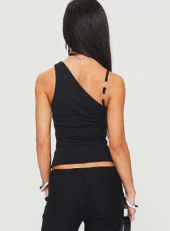 back view of model wearing Princess Polly Akiko Top Black Sleeveless Asymmetric Neckline 