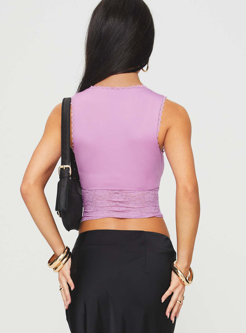 back view of model wearing Princess Polly Isolde Top Lilac Sleeveless Plunger 