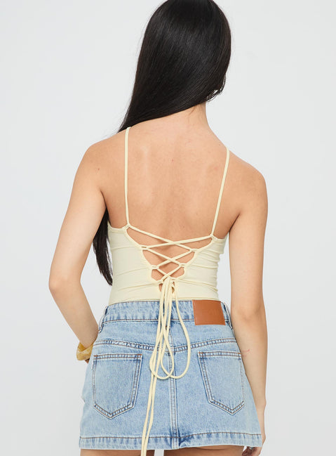 back view of model wearing Princess Polly Kianu Beaded Bodysuit Lemon Sleeveless 