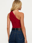 back view of model wearing Princess Polly Heston Asymmetrical Ruched Bodysuit Red Sleeveless 