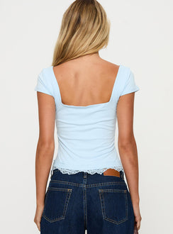back view of model wearing Princess Polly Full Of Wonder Top Blue Short Sleeves V-Neck 