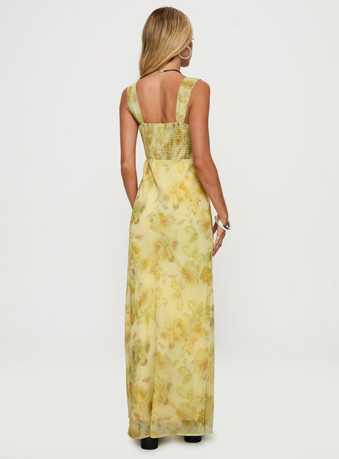 back view of model wearing Princess Polly Fernwood Maxi Dress Yellow Multi Plunger 