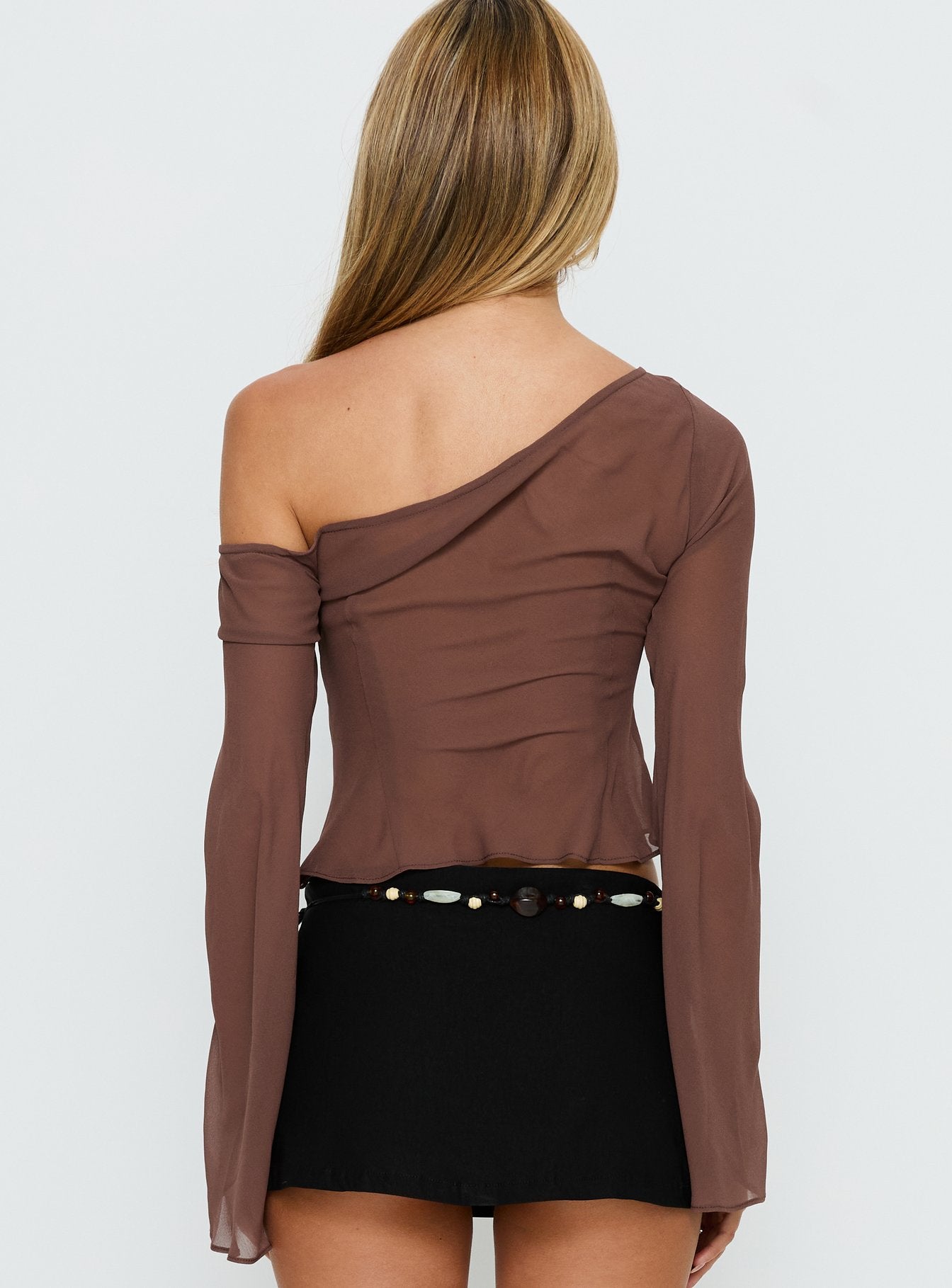 Nivara Chiffon One Shoulder Long Sleeve Top Mocha