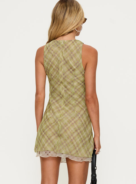 back view of model wearing Princess Polly Buffie Shoulder Mini Dress Green Check Crew Neck 