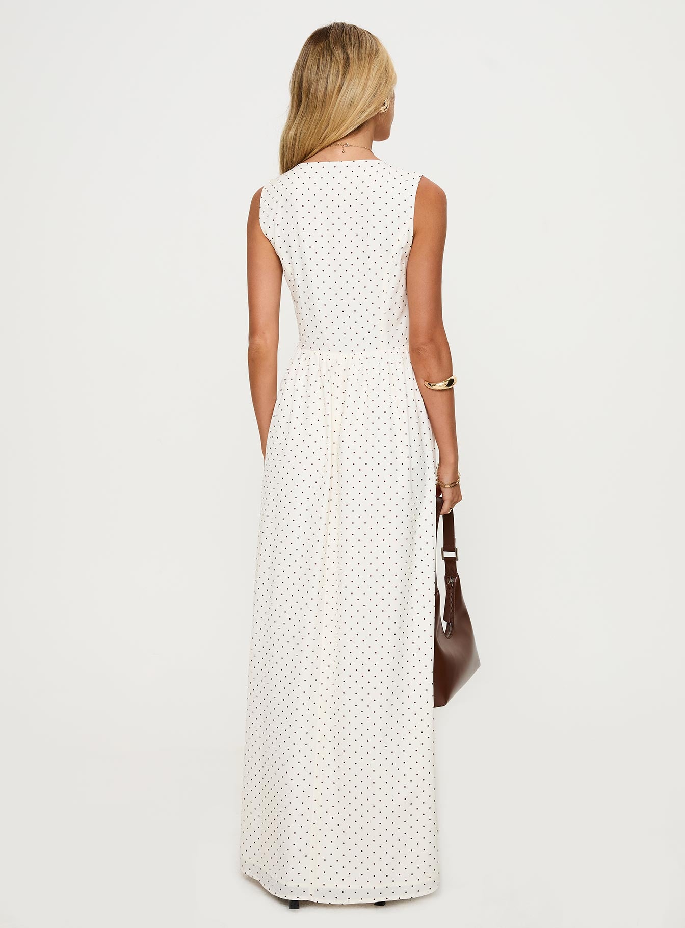 back view of model wearing Princess Polly Pokey Maxi Dress Cream / Polka Dot Plunger 