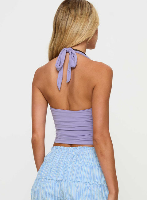 back view of model wearing Princess Polly Chilli Halter Top Lilac Sleeveless Plunger 