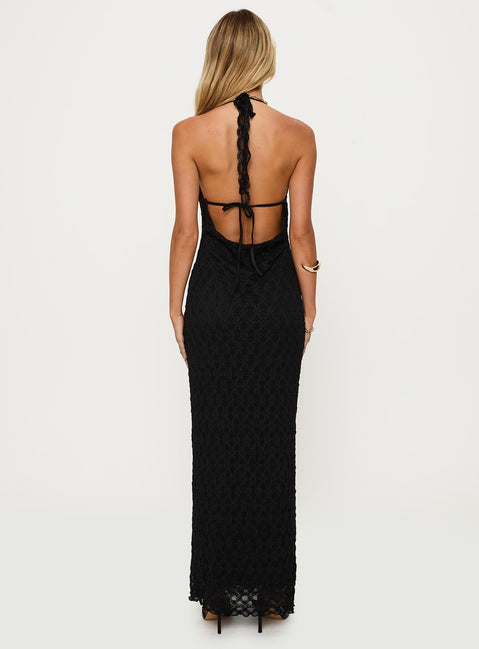 back view of model wearing Princess Polly San Lorenzo Crochet Maxi Dress Black Plunger 