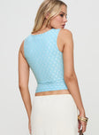 back view of model wearing Princess Polly Martiney Twisted Tank Top Blue Sleeveless Crew Neck 