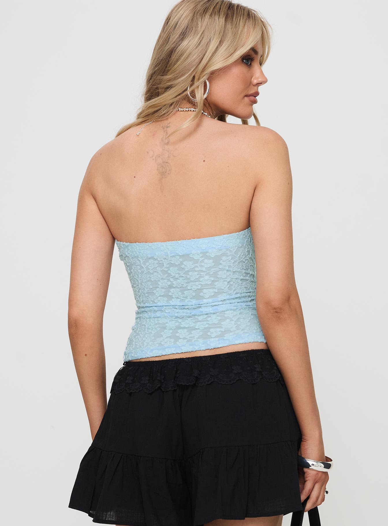 back view of model wearing Princess Polly Off To Amalfi Strapless Top Blue Sleeveless straight 