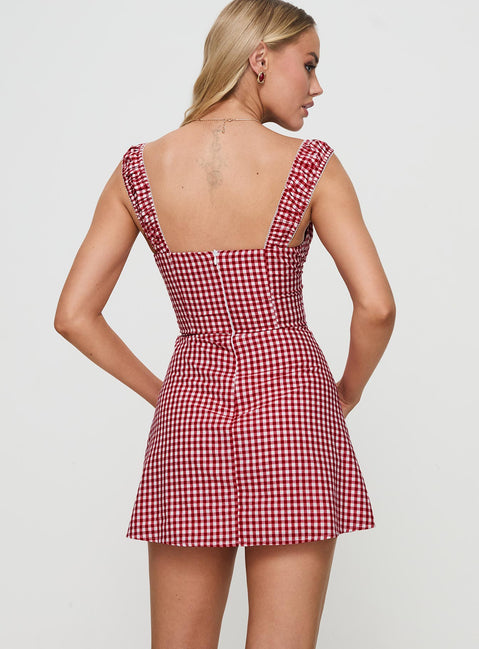 back view of model wearing Princess Polly Faubert Mini Dress Red Gingham Petite Sweetheart Neckline 