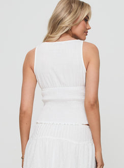 back view of model wearing Princess Polly Barletta Top White Sleeveless Plunger 