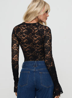 back view of model wearing Princess Polly Giallo Long Sleeve Bodysuit Black Full Sleeves 