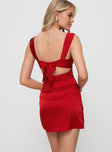 back view of model wearing Princess Polly Ackerley Mini Dress Red Square Neck 