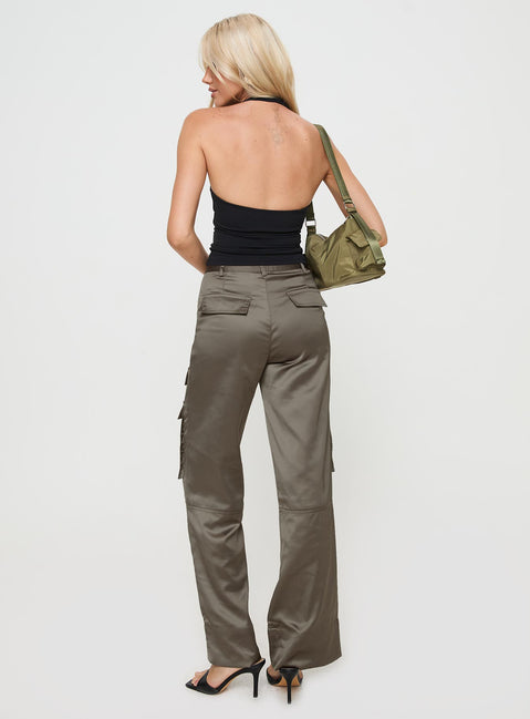 back view of model wearing Princess Polly Crimsen Cargo Pants Chocolate High Waisted Pants 