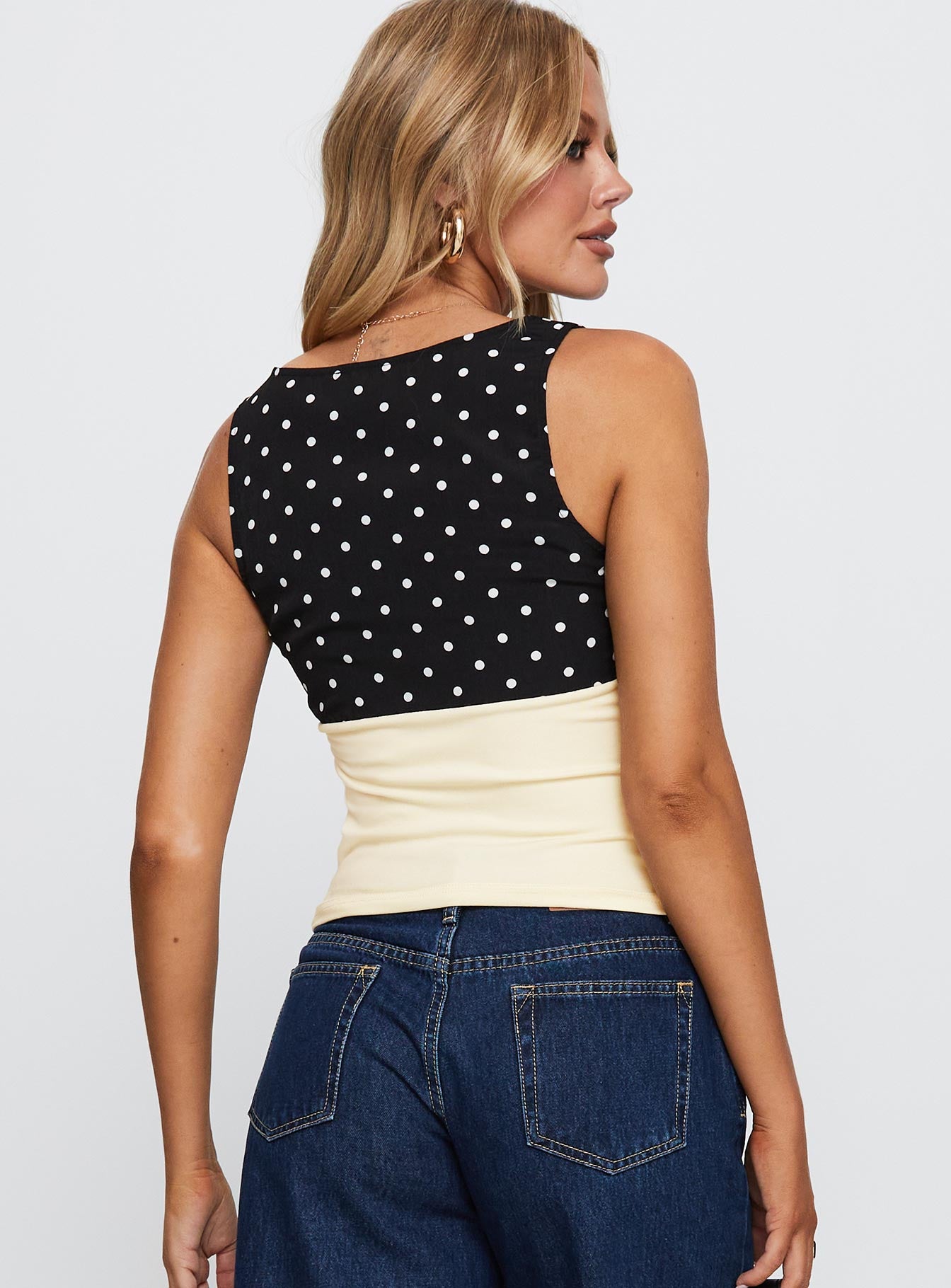 back view of model wearing Princess Polly Silverstone Top Multi Sleeveless V-Neck 