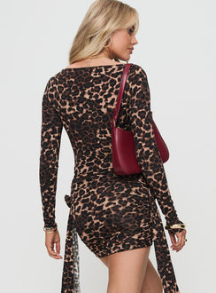 back view of model wearing Princess Polly Glory Mini Dress Leopard Boat Neck 
