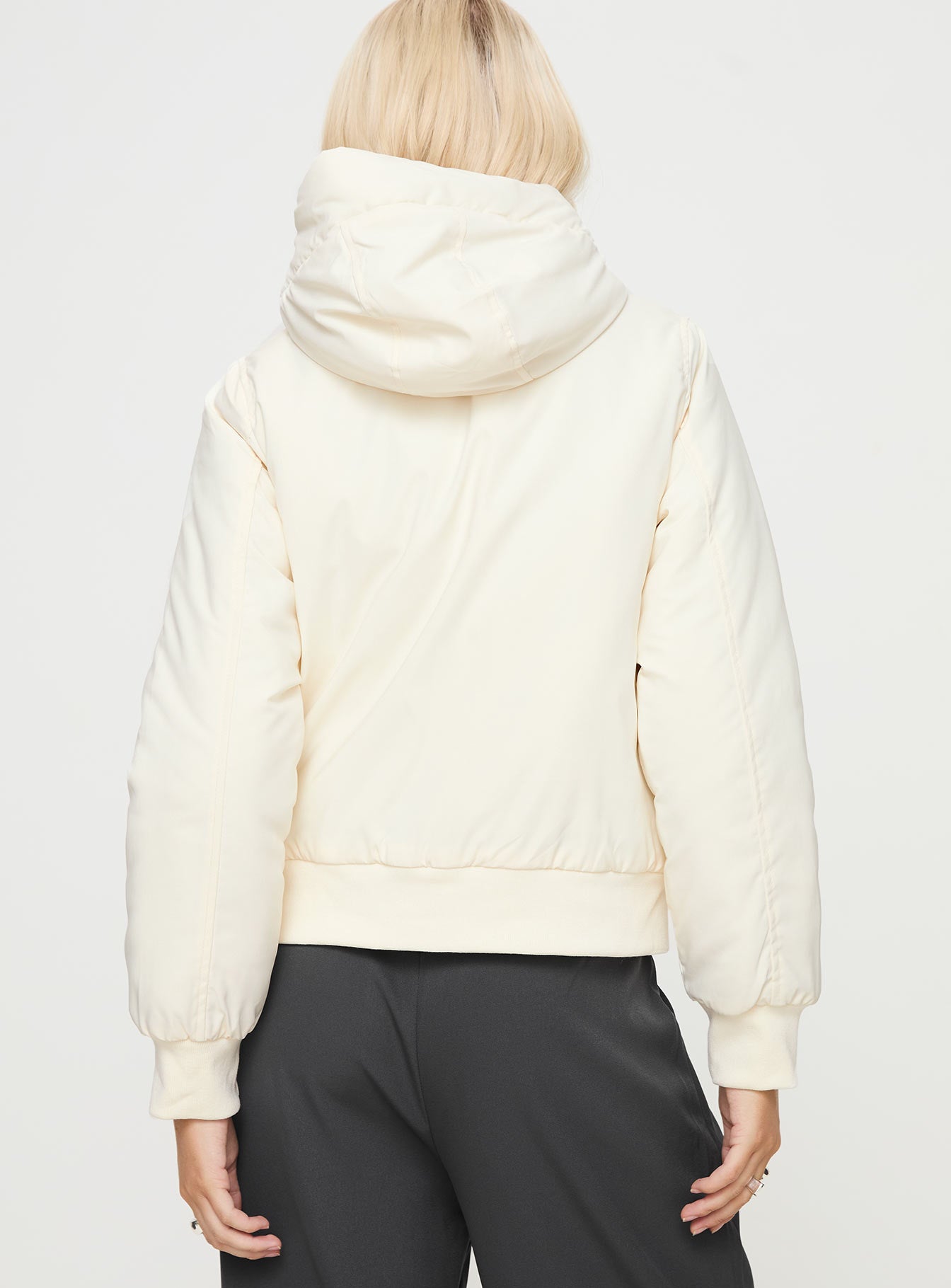 Cream Hooded jacket Bomber style, twin hip pockets, ribbed hem & cuffs, zip & button fastening