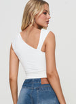 back view of model wearing Princess Polly Ander Top White Sleeveless Asymmetric Neckline 