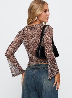 back view of model wearing Princess Polly Fast Times Long Sleeve Top Leopard Full Sleeves Plunger 
