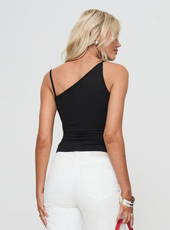 back view of model wearing Princess Polly Jaeger Top Black Sleeveless Asymmetric Neckline 
