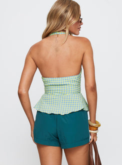 back view of model wearing Princess Polly Becci Halter Top Multi Sleeveless Plunger 