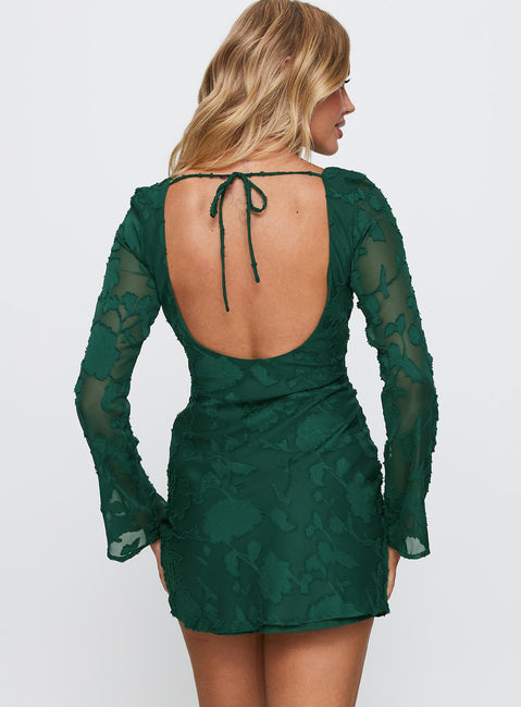back view of model wearing Princess Polly Jadee Long Sleeve Mini Dress Green Burnout Crew Neck 