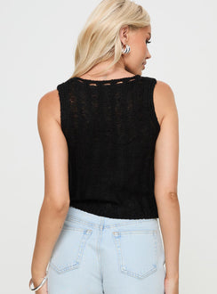 back view of model wearing Princess Polly Jella Knit Top Black Sleeveless Crew Neck 