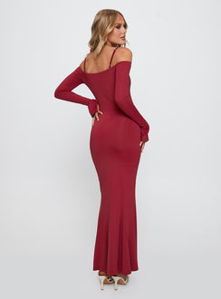 back view of model wearing Princess Polly Lucillea Long Sleeve Maxi Dress Red V-Neck 