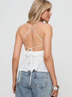 back view of model wearing Princess Polly Roux Top White Sleeveless Plunger 
