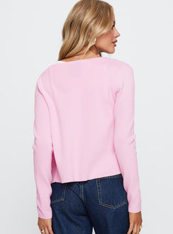 back view of model wearing Princess Polly Old Burlington Knit Cardigan Pink Cropped 