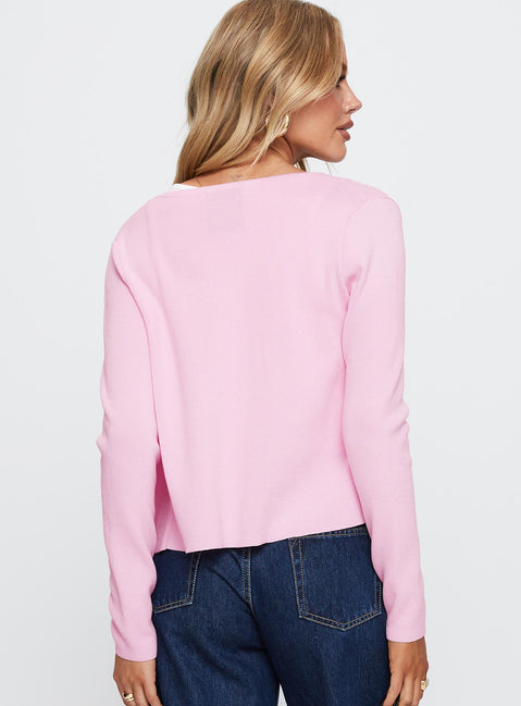 back view of model wearing Princess Polly Old Burlington Knit Cardigan Pink Cropped 