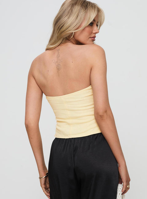 back view of model wearing Princess Polly Birdie Asymmetric Linen Blend Top Lemon Sleeveless straight 