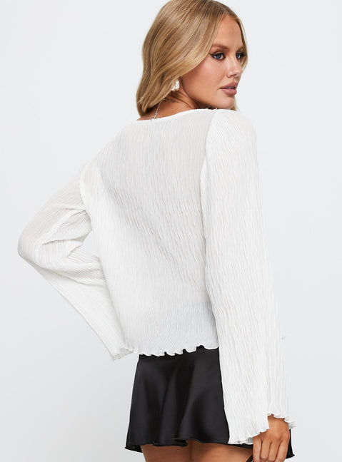 back view of model wearing Princess Polly Mosaic Long Sleeve Sheer Top White Full Sleeves Boat Neck 