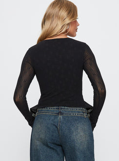 back view of model wearing Princess Polly Moderna Long Sleeve Lace Top Black Full Sleeves Scoop Neck 