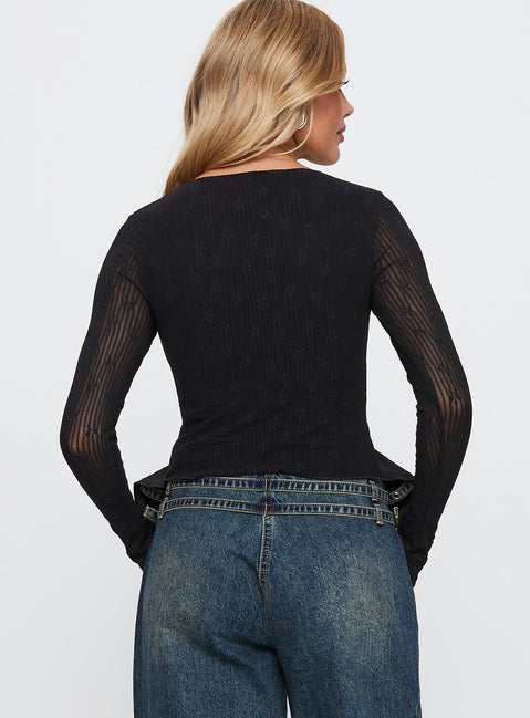back view of model wearing Princess Polly Moderna Long Sleeve Lace Top Black Full Sleeves Scoop Neck 