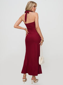 back view of model wearing Princess Polly Corzetti Maxi Dress Burgundy Plunger 
