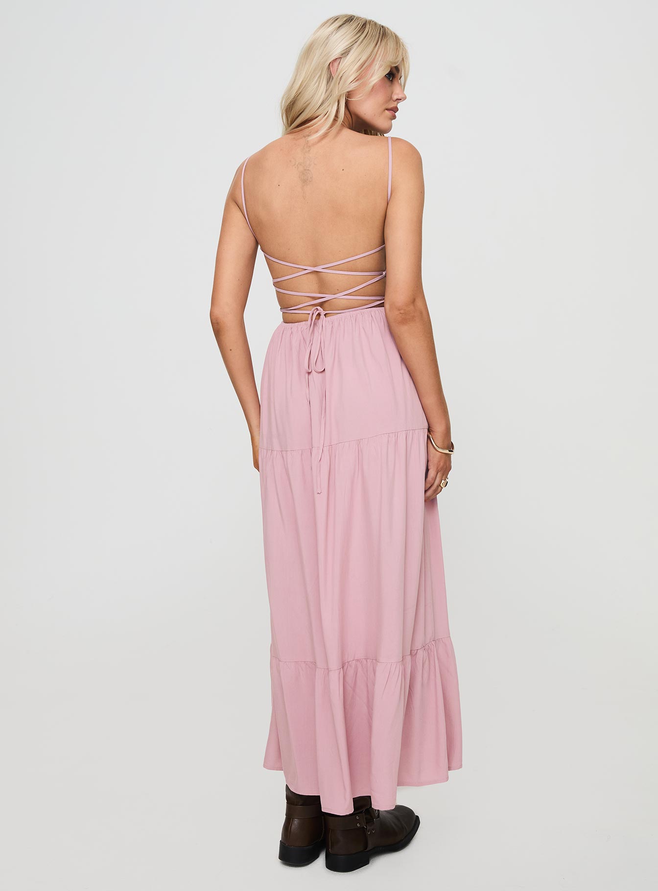 back view of model wearing Princess Polly Juzen Maxi Dress Pink Sweetheart Neckline 