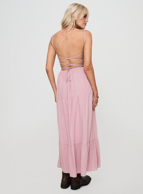 back view of model wearing Princess Polly Juzen Maxi Dress Pink Sweetheart Neckline 