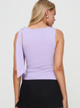 back view of model wearing Princess Polly Garland Top Purple Sleeveless Boat Neck 