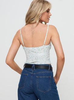 back view of model wearing Princess Polly Fondar Top Multi Floral Sleeveless Plunger 